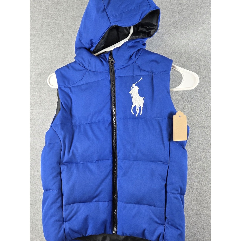 Polo Ralph Lauren Boys 7 Big Pony Hooded Puffer Down Vest Blue Full Zip Retro